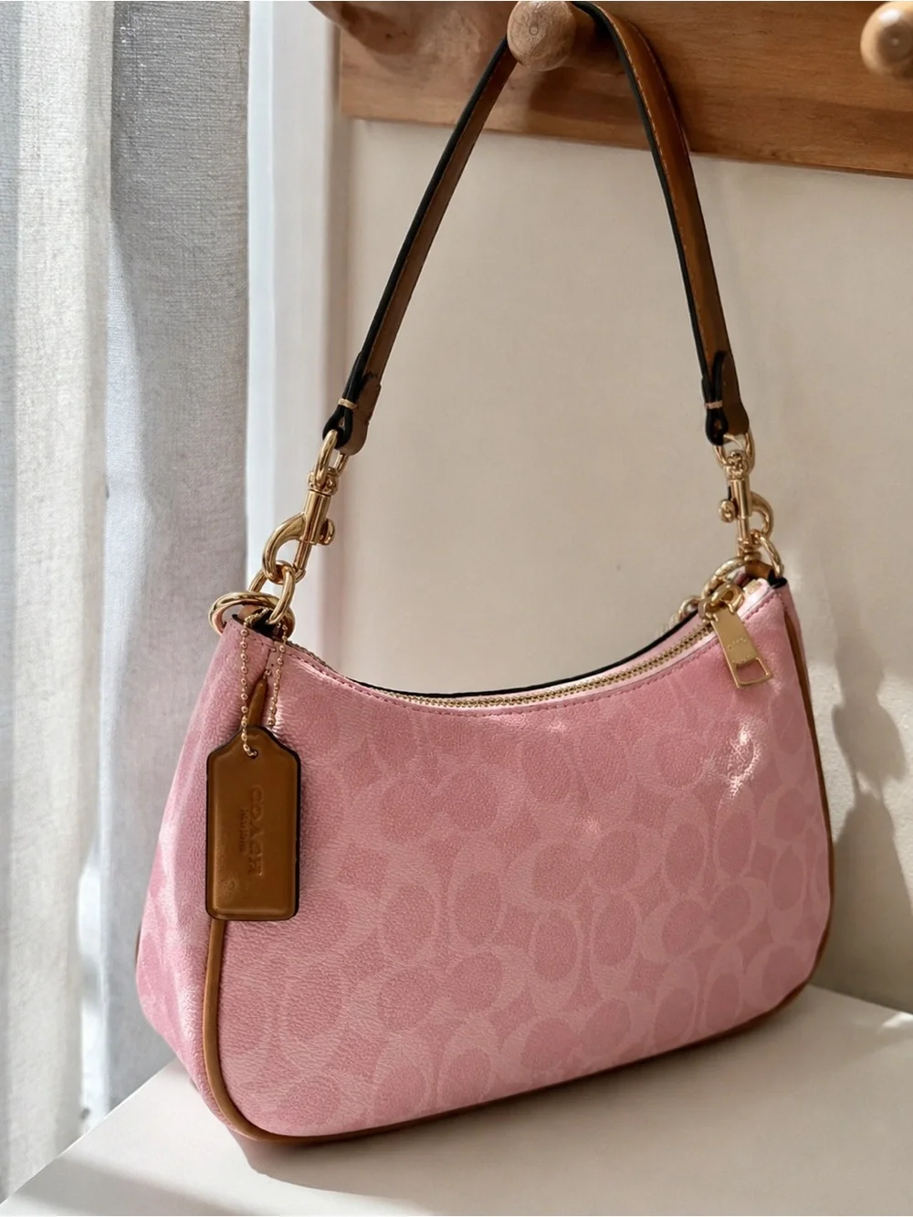 Coach Pink Signature Canvas Crossbody with Gold Chain Trim